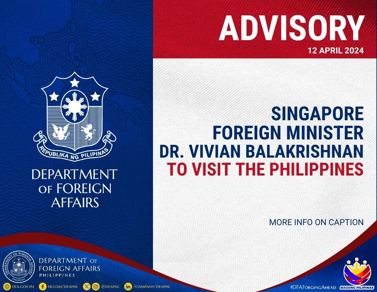 Singapore Minister for Foreign Affairs Dr. Vivian Balakrishnan will undertake an official visit to the Philippines on 15-17 April 2024 Read full story 👉🏻 shorturl.at/wY158 #DFAForgingAhead