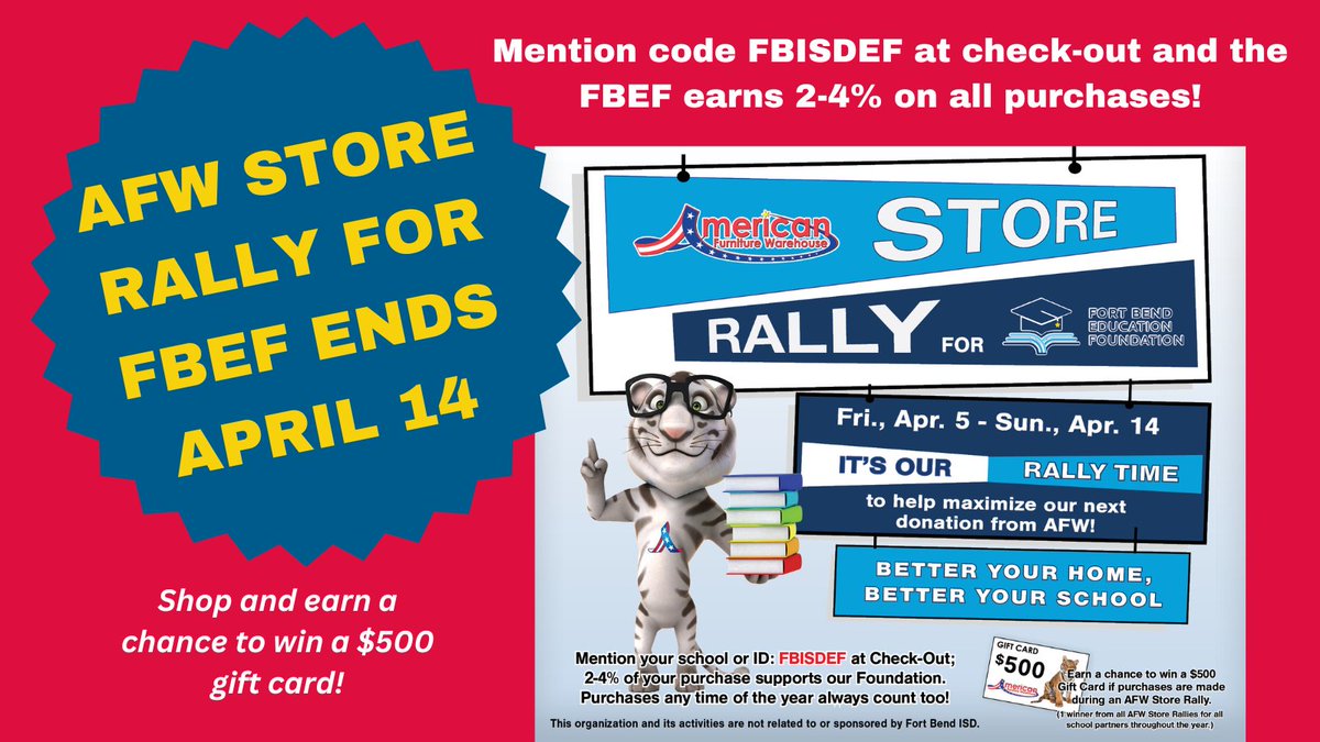 Tomorrow’s the final day to support our AFW Store Rally and earn a chance to win a $500 gift card! Shop today to support our FBISD teachers and students! afw.com.