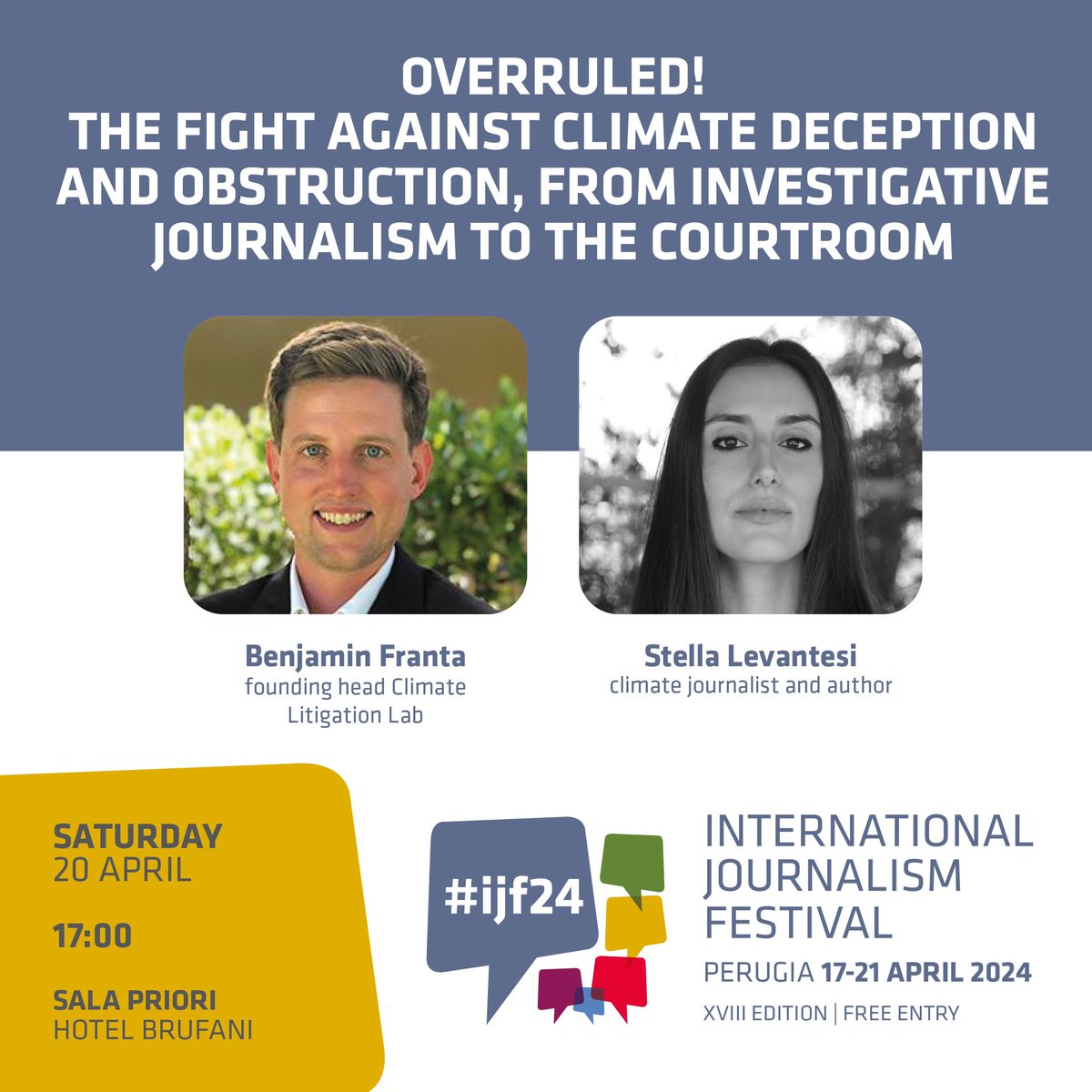 🔴 SAVE THE DATE! 'Overruled! The fight against climate deception and obstruction, from investigative journalism to the courtroom'. #ijf24 with @BenFranta @StellaLevantesi 🎥Live & On Demand > Sat, 20 Apr journalismfestival.com/programme/2024…