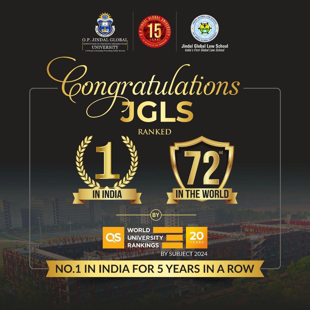 TheRizuEra's tweet photo. Celebrating another milestone for JGLS as it maintains its reign as India's #1 law school and achieves a remarkable 72nd position worldwide. The epitome of excellence! #JGLSNumber1 https://t.co/udaZiJL1Ok