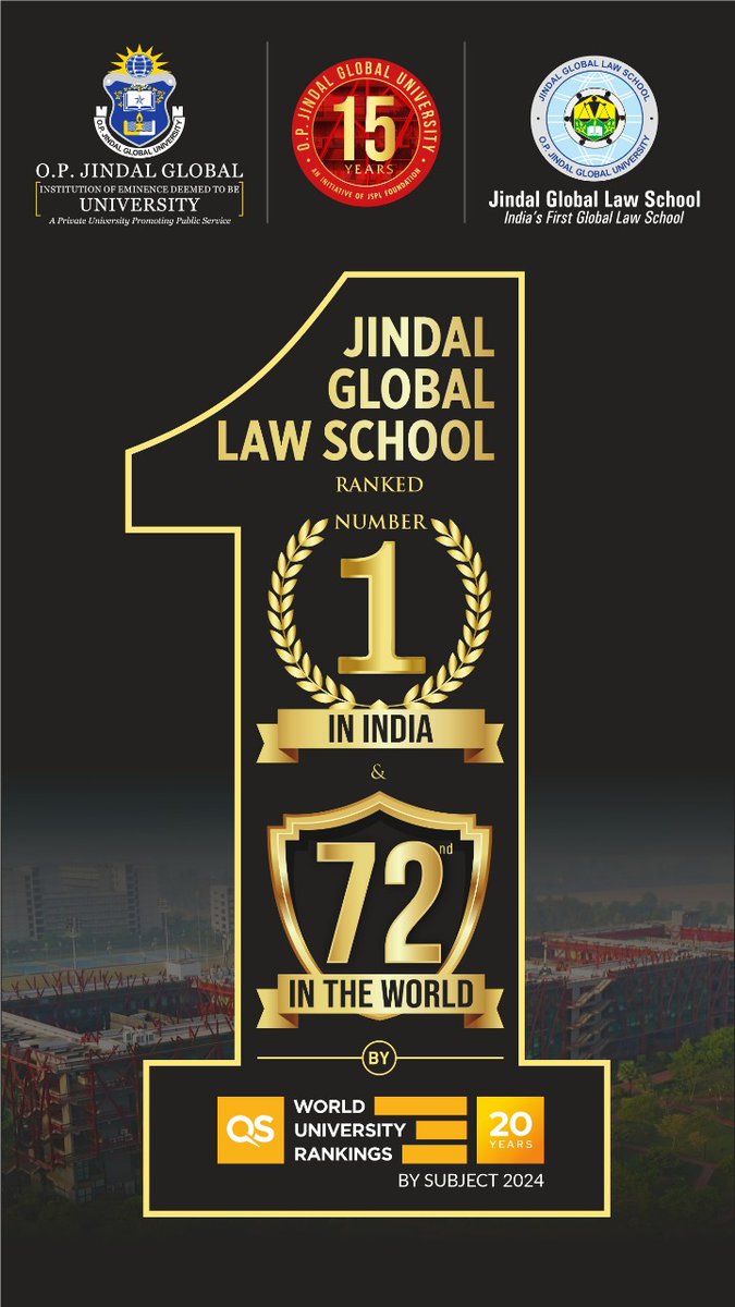 We are delighted to share the fantastic news that @JindalLaw has been ranked No. 1 in India for 5 years in a row in the @worlduniranking by Subject 2024. Globally, #JGLS has been ranked 72nd, making it the only law school in India to be featured among the TOP-100 in the world!…