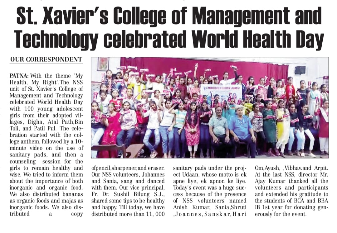 Media coverage of World Health Day celebrated by NSS volunteers of St. Xavier's College of Management & Technology, Patna, Bihar 
@_NSSIndia
@YASMinistry 
@ArtCultureYouth
@pibyas
@ianuragthakur
@NisithPramanik
#YuvaBharat