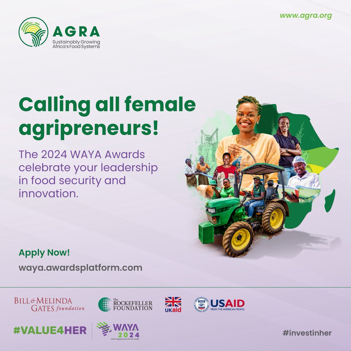Empowering #women is central to enhancing Africa's #foodsystems and core to @AGRA_Africa’s value offering. If you are a woman in #agribusiness, apply for the WAYA Awards today! 🔗waya.awardsplatform.com #EmpowerHer | #WAYAAward2024