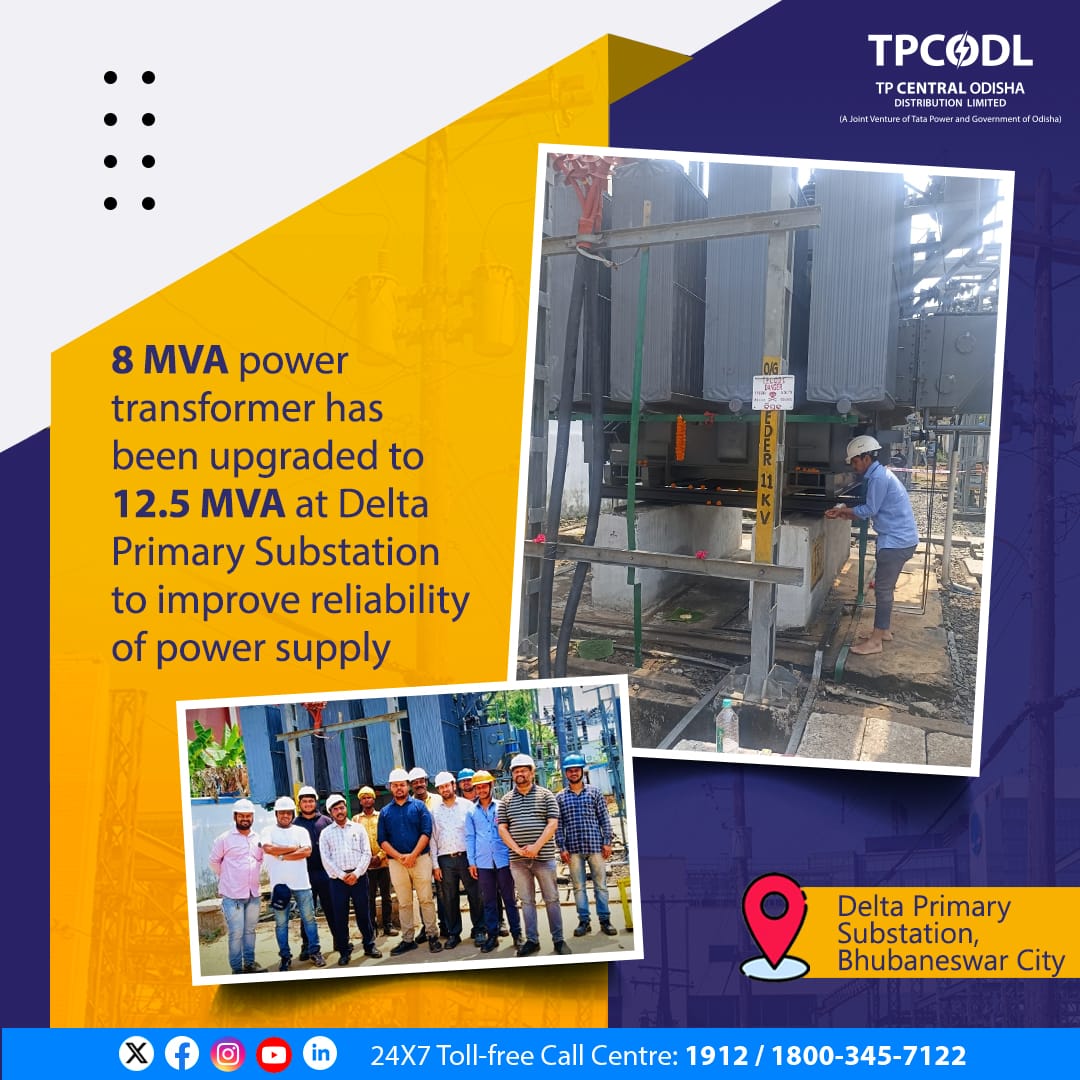 We have upgraded the power transformer at the Delta Primary Substation to enhance reliability of power supply in the Satabdi Nagar, Fire station and Siripur areas of Bhubaneswar City.

#PoweringProgress #StrengtheningNetwork #ForYouWithYouAlways #TPCODL