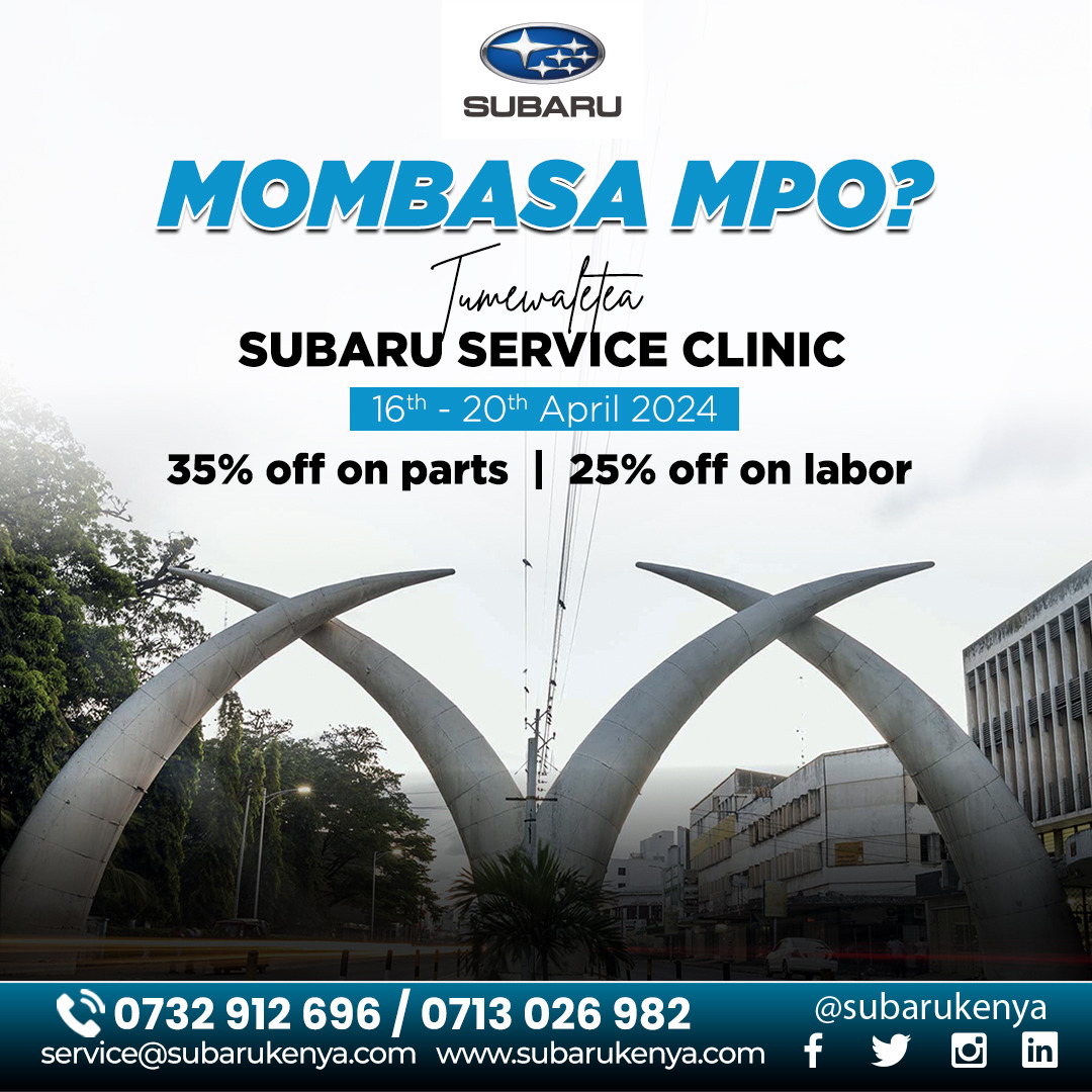 Mark your calendars, Mombasa Subaru owners! We're hosting a special Service Clinic at ORIEL Mombasa, Nyali branch from April 16th to 20th, offering incredible discounts to keep your Subaru running smoothly. You’re highly encouraged to book appointment on forms.office.com/r/8bUs3vApbB