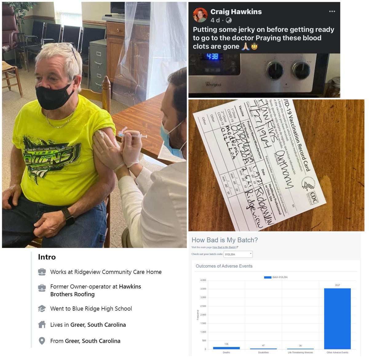 Greer, SC - Craig Hawkins is praying those Moderna COVID-19 mRNA Vaccine Lot # 012L20A induced blood clots are 'gone'.

Moderna Lot # 012L20A is one of the deadliest batches of the COVID-19 Vaccine ever released, with thousands of adverse events

#DiedSuddenly