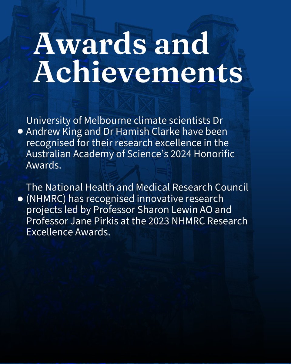 Congratulations on these recent achievements from across our #UniMelb community! 🔗 @AndrewKingClim and @SciAtTheLocal were recognised for their research excellence at @Science_Academy 2024 Honorific Awards → unimelb.me/3VHrZbl 🔗 @nhmrc has recognised innovative research…