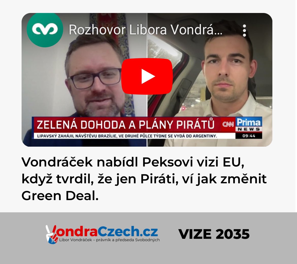 Na kampani v Ostravě jsem si odskočil do auta, abych řekl Pirátovi Peksovi, že pirátský napad na opravování Green Dealu je podobně šílený jako Green Deal samotný. 🙃‼️ Když se zcela seriózně zeptal: “Jaká je teda vaše vize?” Zopakoval jsem mu, že v Evropě nepotřebujeme politbyro,…