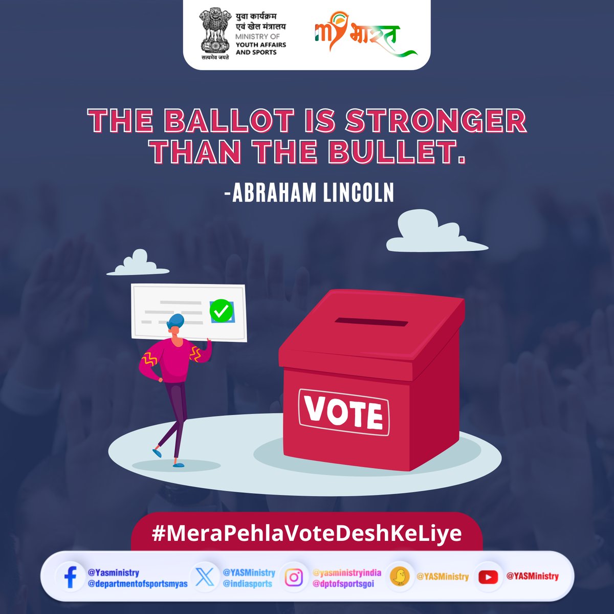 The ballot is stronger than the bullet! 🗳️ Pledge to exercise your power responsibly and let your vote be your voice for the change you want to see. #MeraPehlaVoteDeshKeLiye