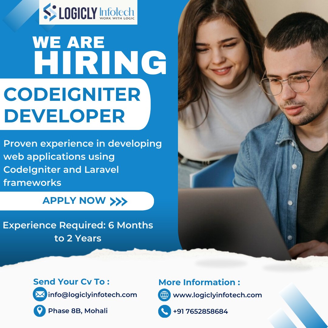 Join Logicly Infotech as a PHP CodeIgniter Developer! Unlock your potential in a dynamic work environment. Elevate your career with us. Apply now and be part of innovation! Send your CV at info@logiclyinfotech.com  
#PHPDeveloper #WebDevelopment #CodeIgniterFramework #CIDeveloper