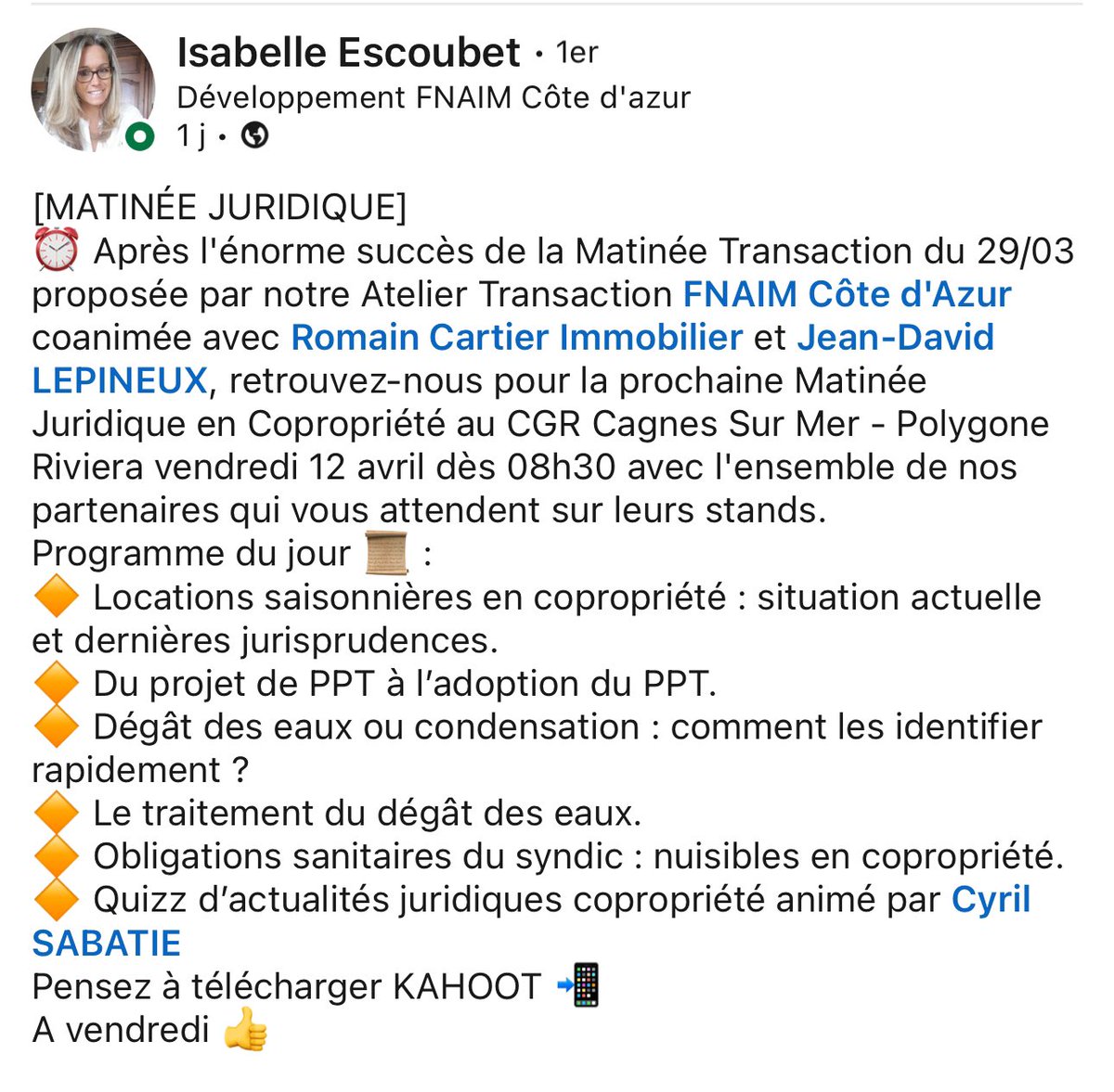 #immobilier #syndic #copropriété La matinée formation syndics c’est aujourd’hui !! 🤩 Avec notamment <a href="/GALIAN/">life</a> <a href="/CyrilSABATIE/">SABATIE Cyril Avocat</a>