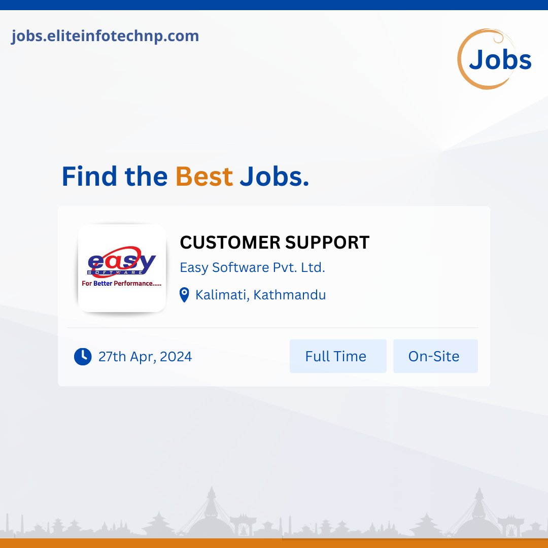 We are looking for Customer Service Representative who will effectively handle customer inquiries and address any concerns or complaints they may have.
Apply : bit.ly/apply-easy
Website : easysoftware.com.np
#easysoftware | #vacancy | #customersupport | #staysafe