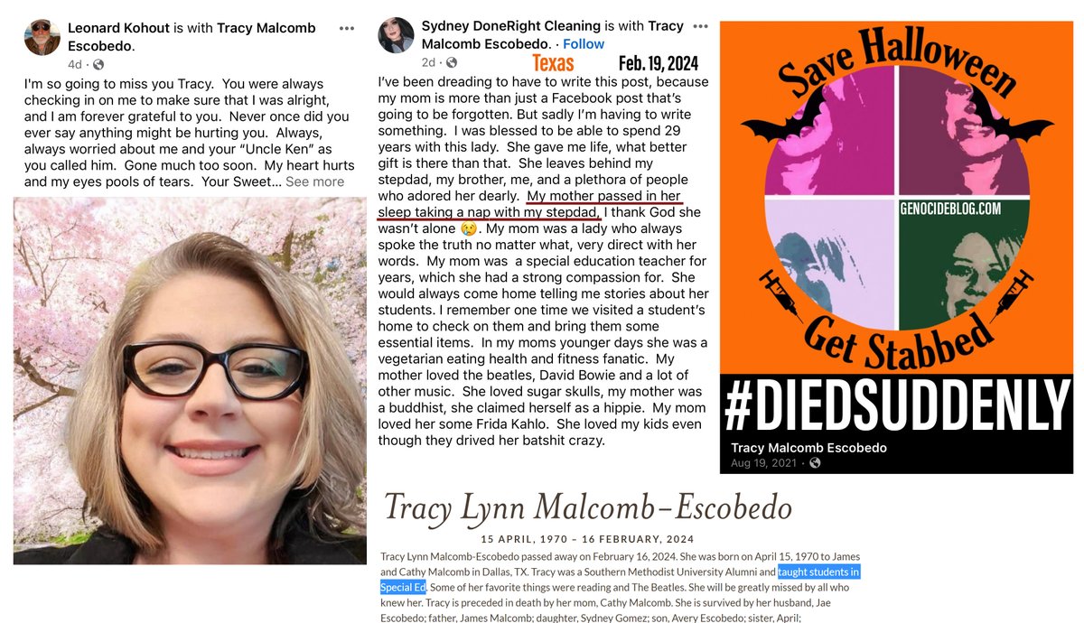 Dallas, TX - 53 year old Tracy Lynn Malcomb-Escobedo was a special ed Teacher in Dallas.

Aug.19, 2021: 'Save Halloween, Get Stabbed (Vaccinated)'

I must admit I've never seen this one before.

She died in her sleep on Feb.16, 2024, while taking a nap.

Pfizer & Moderna COVID-19…