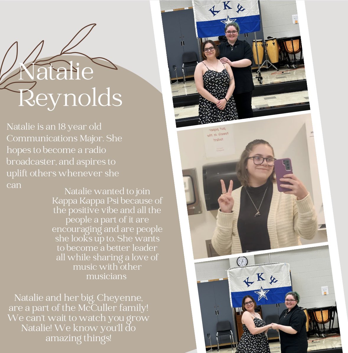 KKPsiCUP's tweet photo. Next up we have Natalie Reynolds who is the newest member of the McCuller family. So proud of you Natalie! 💙🤍 https://t.co/3tmPNdJ8Ac