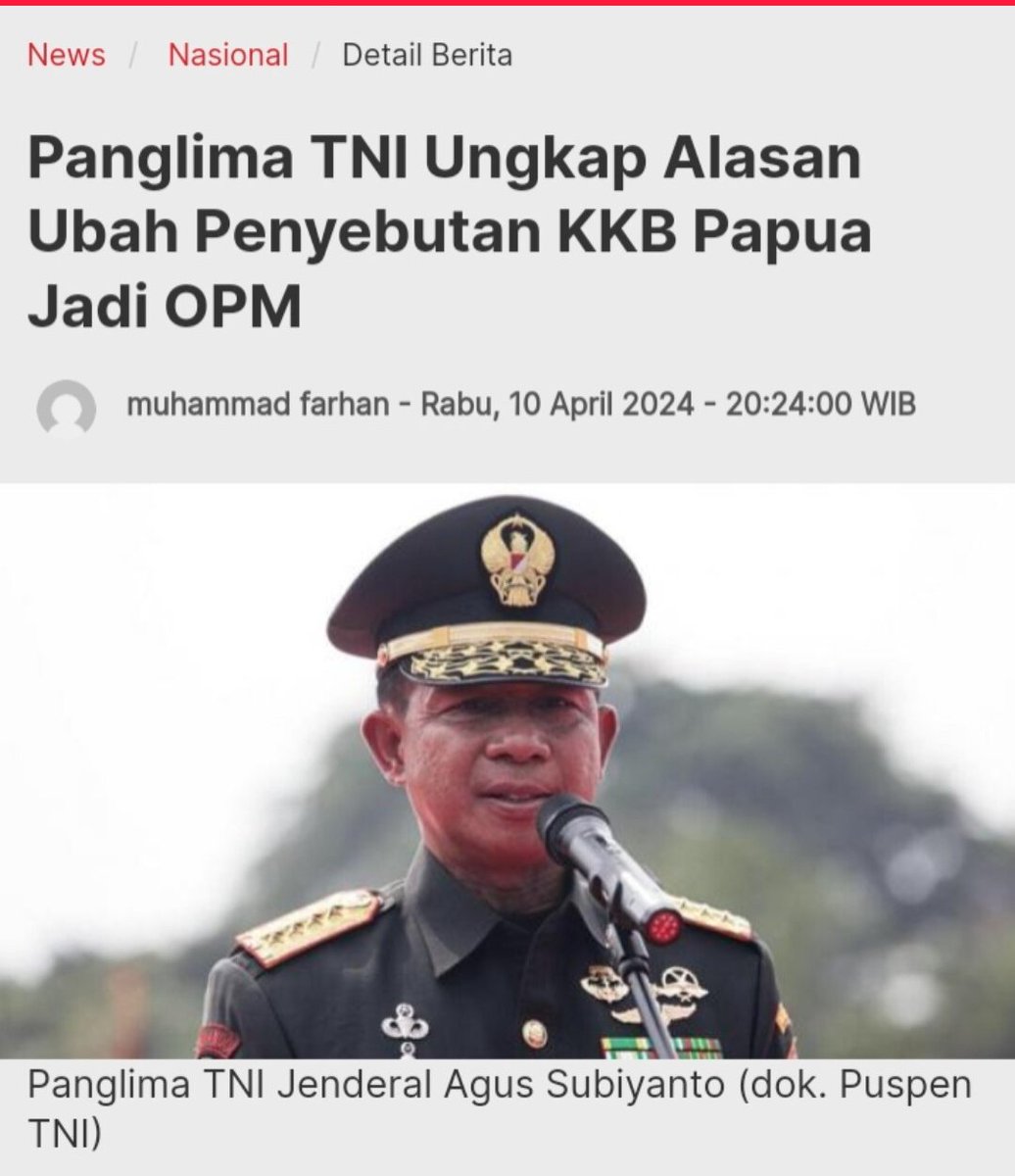 Panglima <a href="/Puspen_TNI/">Pusat Penerangan TNI</a> telah mengubah KKB dengan OPM

Sekalipun Nyawa tentara sudah diwakafkan Untuk bangsa ini tapi Negara berkewajiban memberi Fasilitas untuk keamaman mereka, Segera kirim kendaraan/alutsista yg layak kek Negara2 berdaulat lainya
.
.
.
Kita Negara Besar, Kaya dan