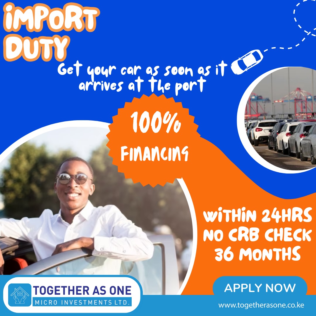 Import your car with ease by taking up 100% Import duty financing package offered by Together As One that will enable your clearing process to be smooth and quick Contact 0719881885 J Cole Drake John Allan Namu Governor Sakaja Sam Gituku #Sigor Maureen Atieno Iranian Sam Githuku