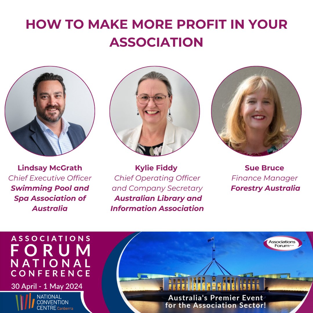 Making a profit is essential for an association to survive. Join Kylie Fiddy AAICD, Sue Bruce FCPA GAICD and Lindsay McGrath by registering here lnkd.in/e9k8QKf for this must attend session on how to ensure the long-term viability of your association.

#AFNC2024