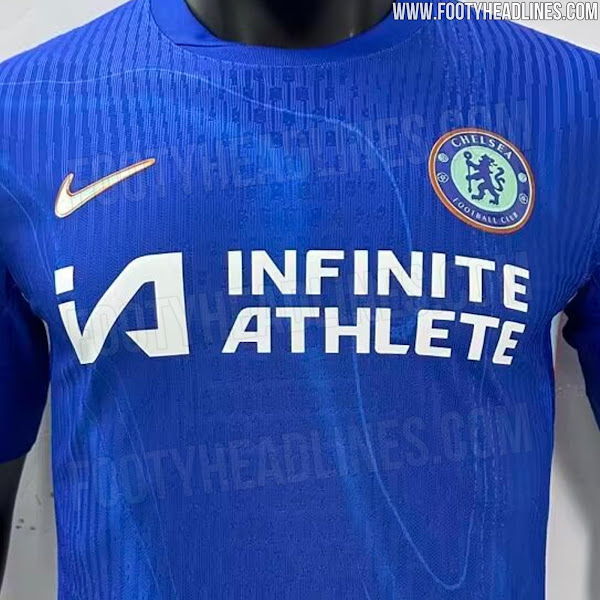 The first real pictures of the Chelsea 24-25 home kit - they show a fake with the wrong sponsor (Infinite Athlete won't be Chelsea's sponsor next season). [via @Footy_Headlines]