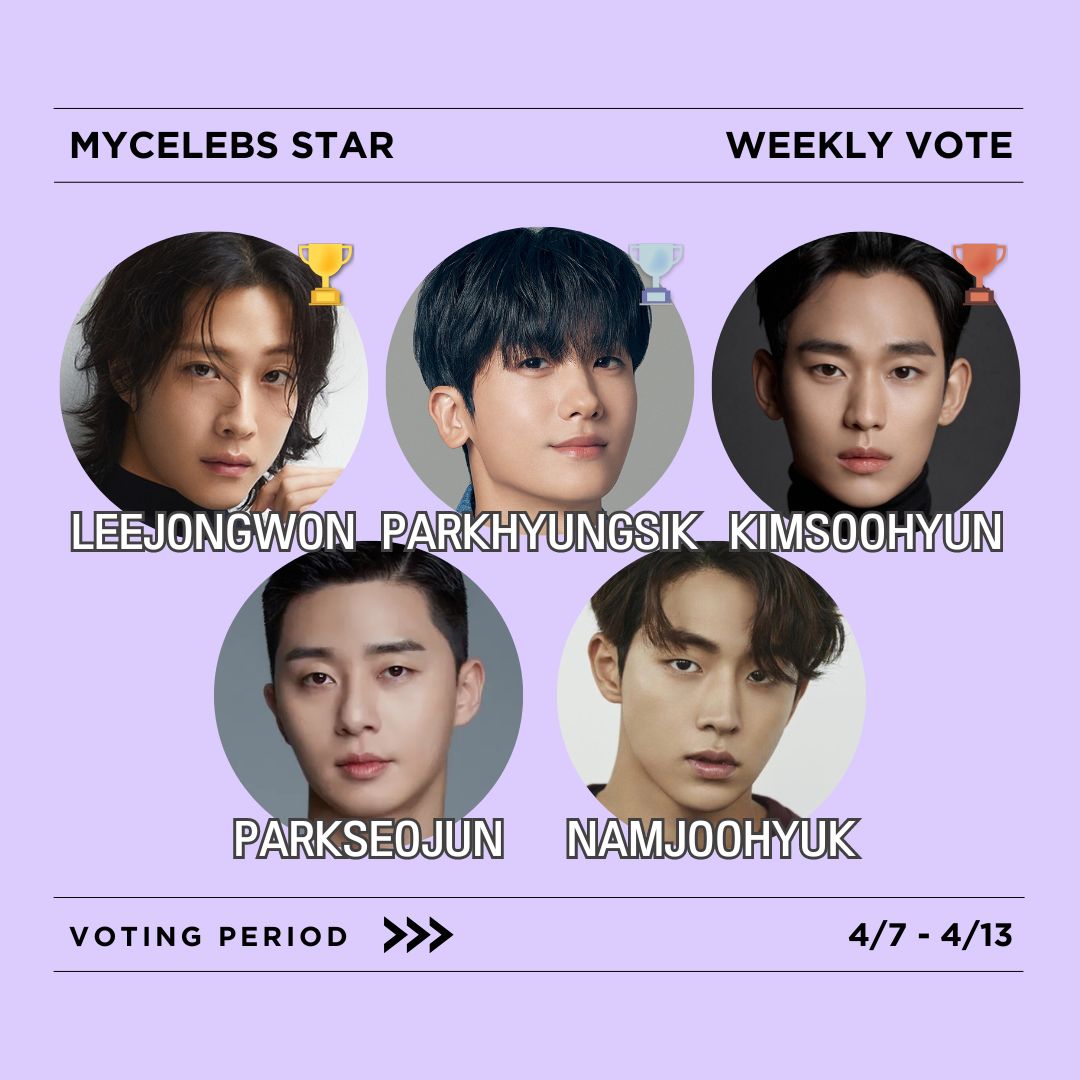 🗳️#MycelebsStar AI CASTING Weekly Vote in April week 2 Current Ranking! 💜 Who is a 'sly' actor who fits the role of Kim Min-seok in the webtoon ‘Foxy love’? ①#LEEJONGWON②#PARKHYUNGSIK③#KIMSOOHYUN④#PARKSEOJUN⑤#NAMJOOHYUK 🔗 mycelebs.ai/vote