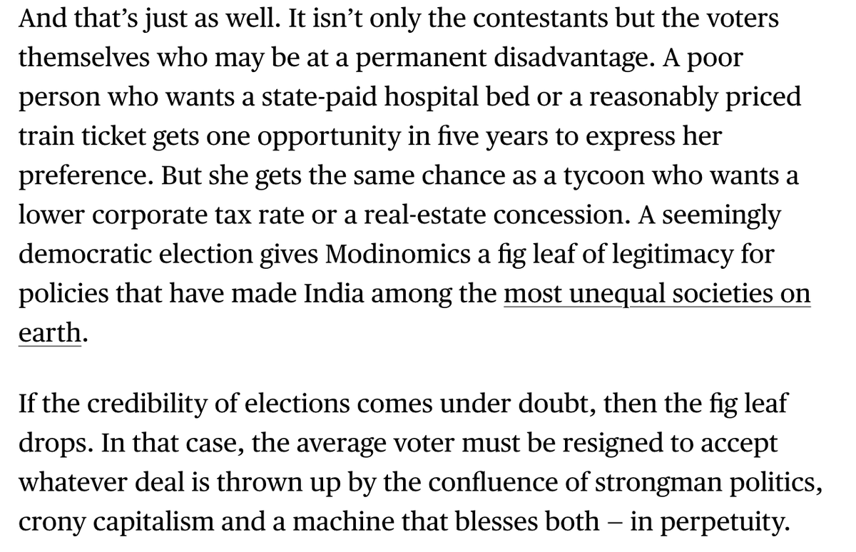 On how popularity demonstrated via 'free and fair' Elections - provide the basis (excuse?) for the Modi govt to then implement policies that make India more unequal. If credibility of the elections is under a shadow, it is serious. @andymukherjee70 is sharp here