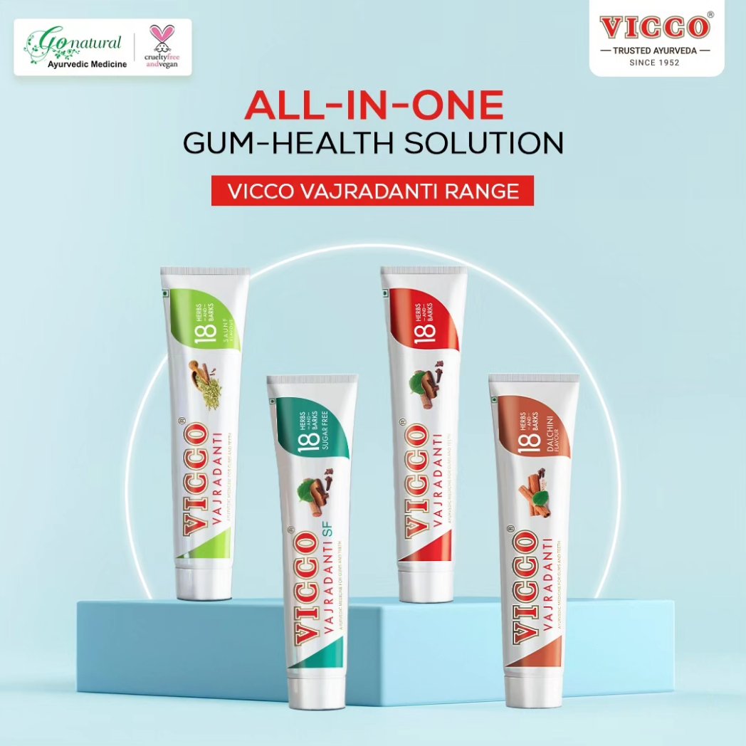 Say goodbye to all your gum problems with our range of Vicco Vajradanti pastes, available in 4 variations — Regular, Sugarfree, Saunf, and Dalchini. To shop, click on the link in our bio! #Vicco #ViccoVajradanti #DentalCare #DentalHygiene #DentalHealth #toothpaste