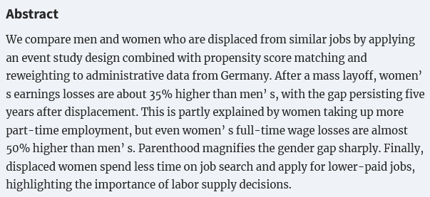 Forthcoming article by @he_illing Johannes Schmieder and Simon Trenkle 'The Gender Gap in Earnings Losses After Job Displacement' @EEANews @OUPEconomics doi.org/10.1093/jeea/j…