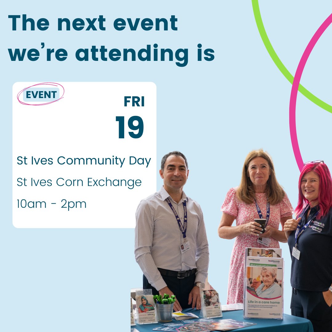 Join us next Friday at the St Ives Community Day. Come and have your say on your health and social care and find out what support is available for you. Our friendly engagement team can help you to find reliable and trustworthy information and advice. #StIves #StIvesCambridgeshire