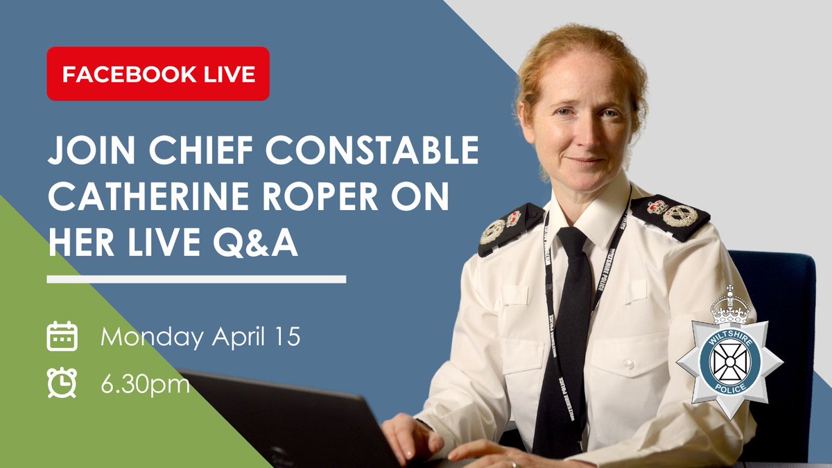 Got a question for Wiltshire Police's Chief Constable? Join us on Monday April 15 at 6:30pm on the Wiltshire Police Facebook page and ask her anything about local policing. #KeepingWiltshireSafe #PoliceFacebookLive