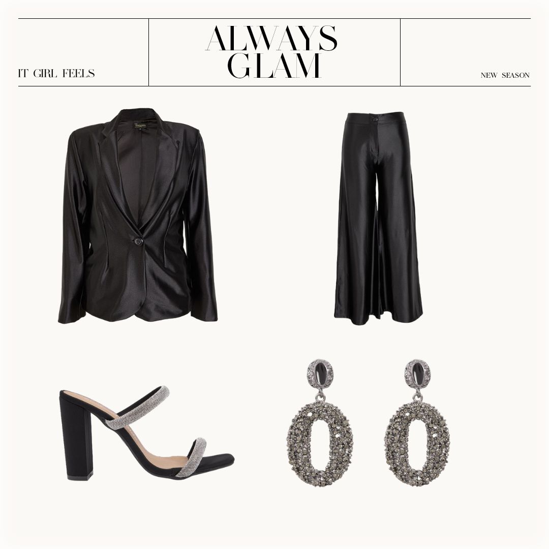 Black obsession. 🖤🖤

Black Satin Blazer TIAMARA R1099 (350.8047)
Black Satin Wide Leg Pants TIAMARA R799 (350.8043)
Gunmetal Diamante Earrings KEIRA ANN R199 (354.8127)
Black Lycra With 2 Diamante Upper Straps SEXY WITH ATTITUDE R850 (119.7098)