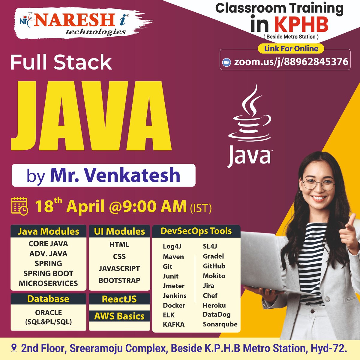 🔴 Classroom & Online Training at KPHB Branch 🔴

✍️Enroll Now: bit.ly/3Jj7p9P
👉Attend a Free Demo On Full Stack Java Developer by Mr. Venkatesh
📅Demo On: 18th April @ 9:00 AM (IST)

#java #fullstackjava #javadeveloper #onlinetraining #kphb #nareshit