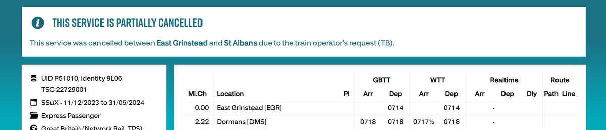 The 07:14 Thameslink departure from East Grinstead is cancelled, as was the 06:44.