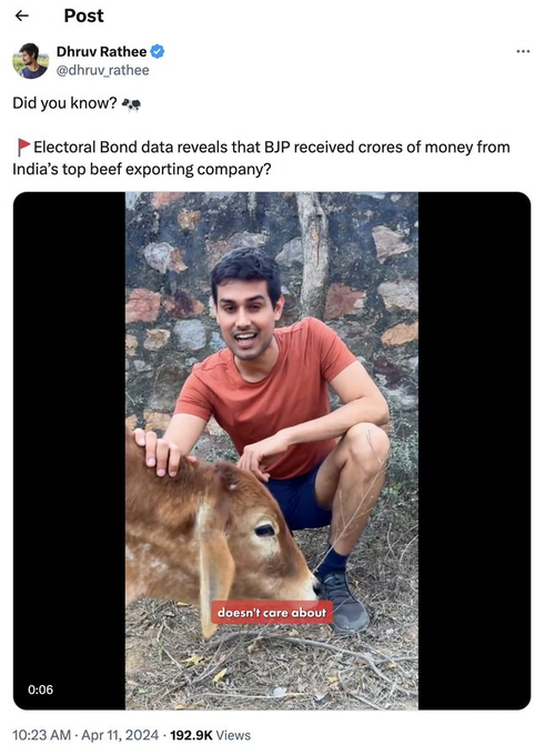 This is how Dhruv Rathee manipulates info

Beef (meat of Cow, calf & Oxen) export is banned in India.

Only Boneless meat of buffalo, sheep & goats are permitted export

Sourcing for meat for export can happen only from abattoirs authorized by APEDA.

Only 10 States have APEDA…