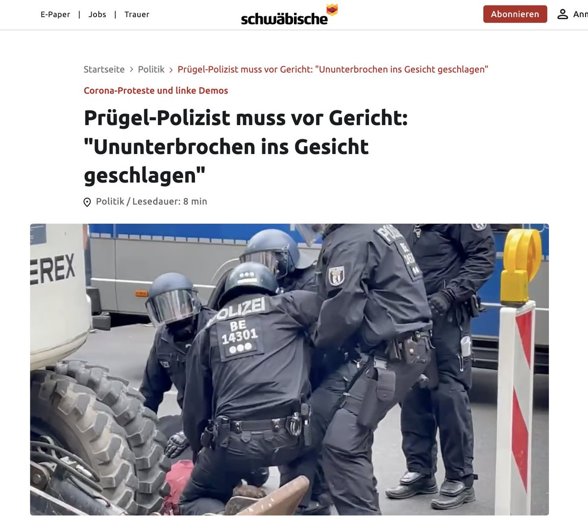 Corona-Proteste: Berliner Polizist kommt wegen Körperverletzung im Amt in zwei Fällen vor Gericht Bei Corona-Protesten soll der Polizist Dominic H. mit der Rückennummer #BE14301 mehrfach Demonstranten misshandelt haben. Dafür kommt er nun vor Gericht. „Konkret geht es um…