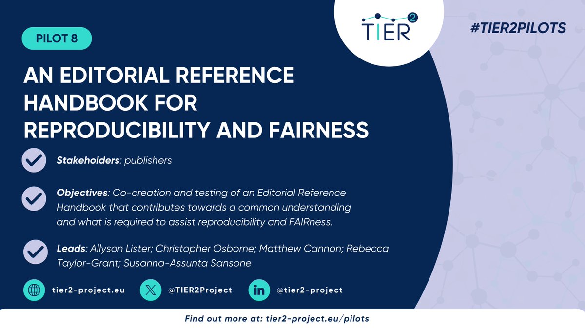 #TIER2Pilots 👉revolutionising reproducibility tools & practices with stakeholders Pilot#⃣8 co-creates & evaluates an Editorial Reference Handbook for a shared understanding of what is needed to assist reproducibility & FAIRness More about Pilot 8🔗tier2-project.eu/news/tier2-pil…