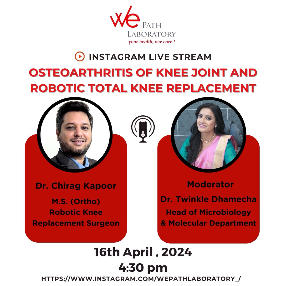 Join us for an enlightening Instagram Live session on April 16th, 2024, as we delve deep into the realm of Osteoarthritis of the Knee Joint and the groundbreaking advancements in Robotic Total Knee Replacement! 

 #OrthopedicInnovations #KneeReplacement #wepathlaboratory