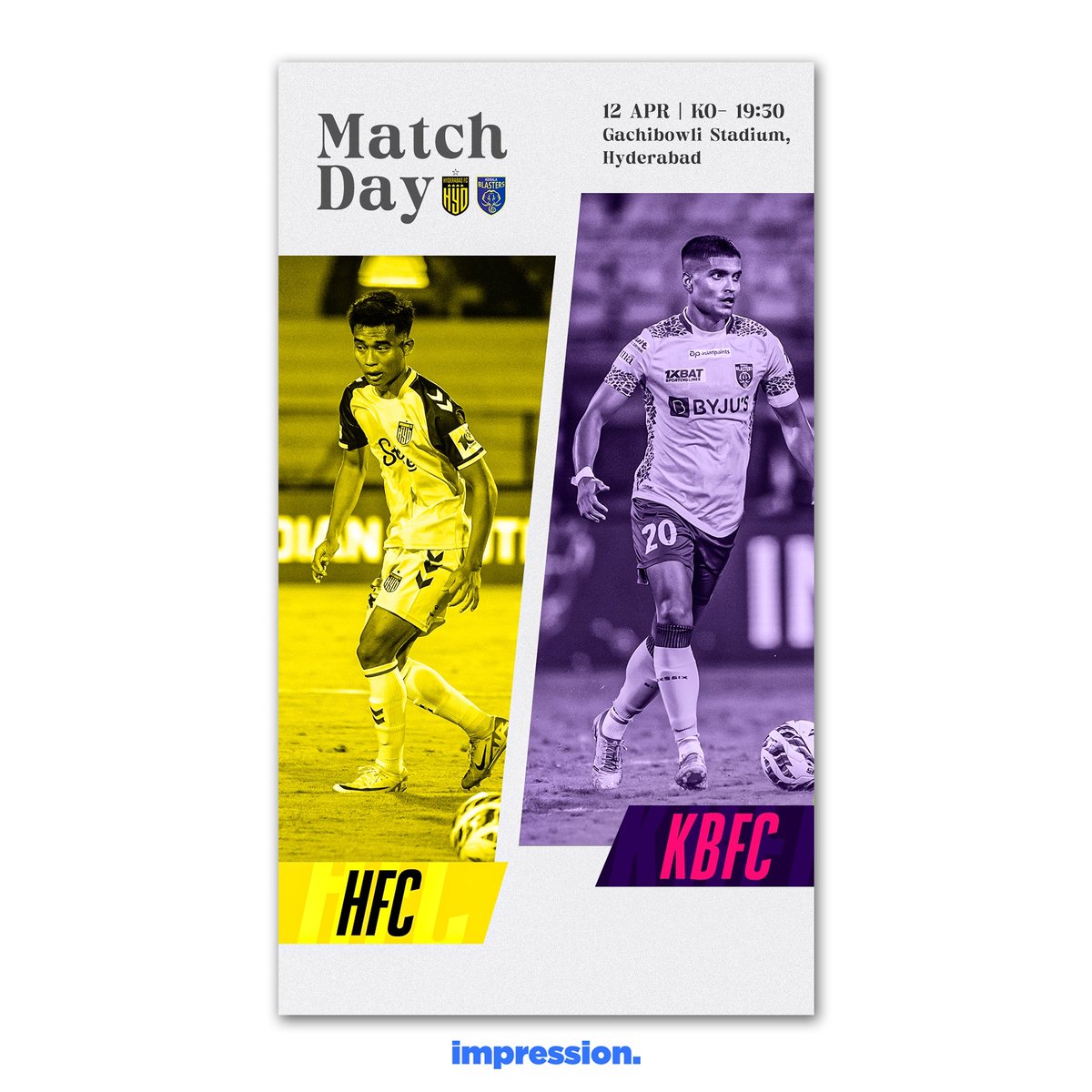 It's showdown time as Hyderabad FC takes on Kerala Blasters in their final ISL fixture of the season! ⚔️👊

#TeamImpression #ImpressionAthlete #IndianFootball #ISL #HFCKBFC