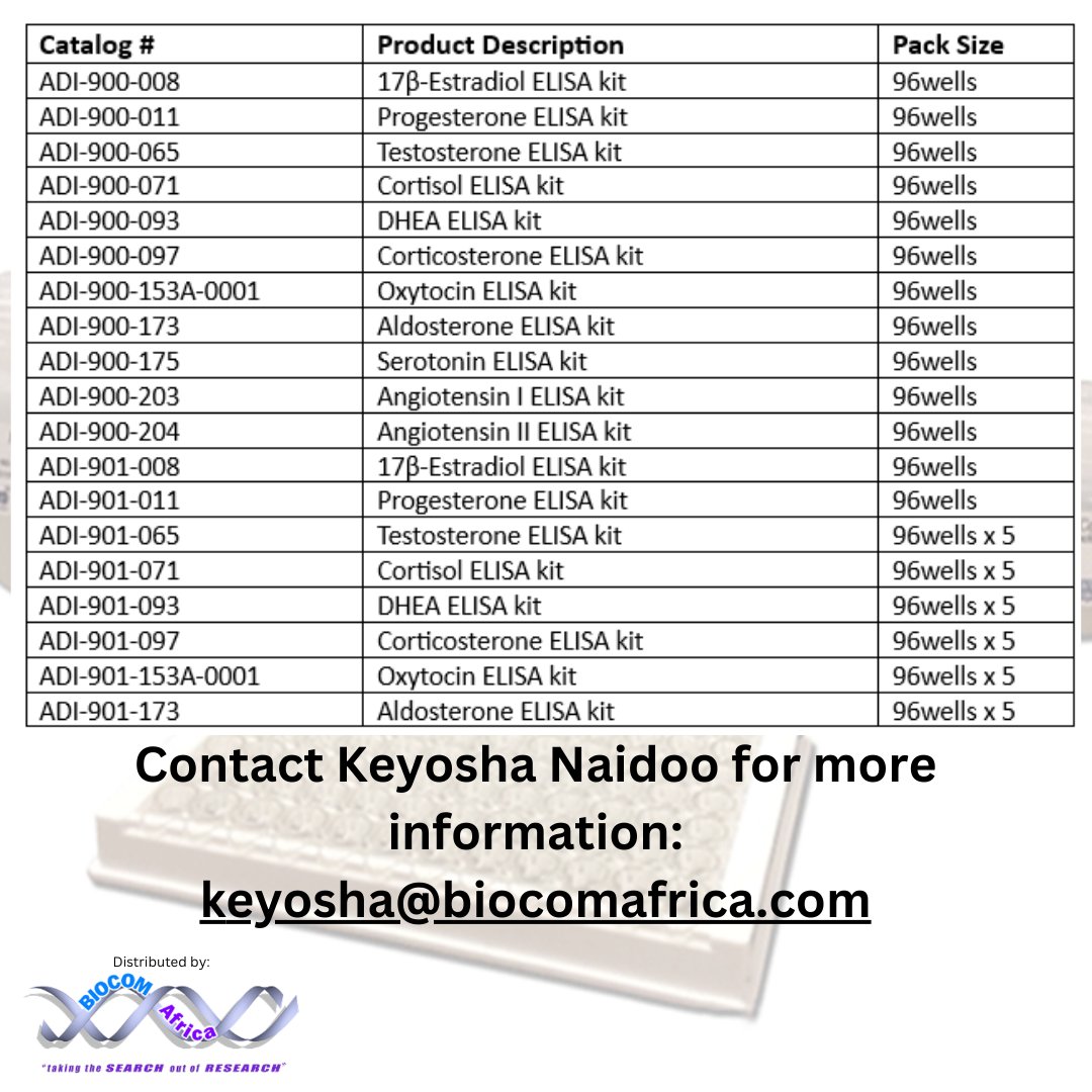 SAVE ON ENZO HORMONAL ELISA KITS! Get 5% discount on ENZO Life Sciences hormonal #ELISA kits. Discount valid until 15 June 2024. Contact Keyosha Naidoo for more information: keyosha@biocomafrica.com #WEareBIOCOM #diagnostics #research