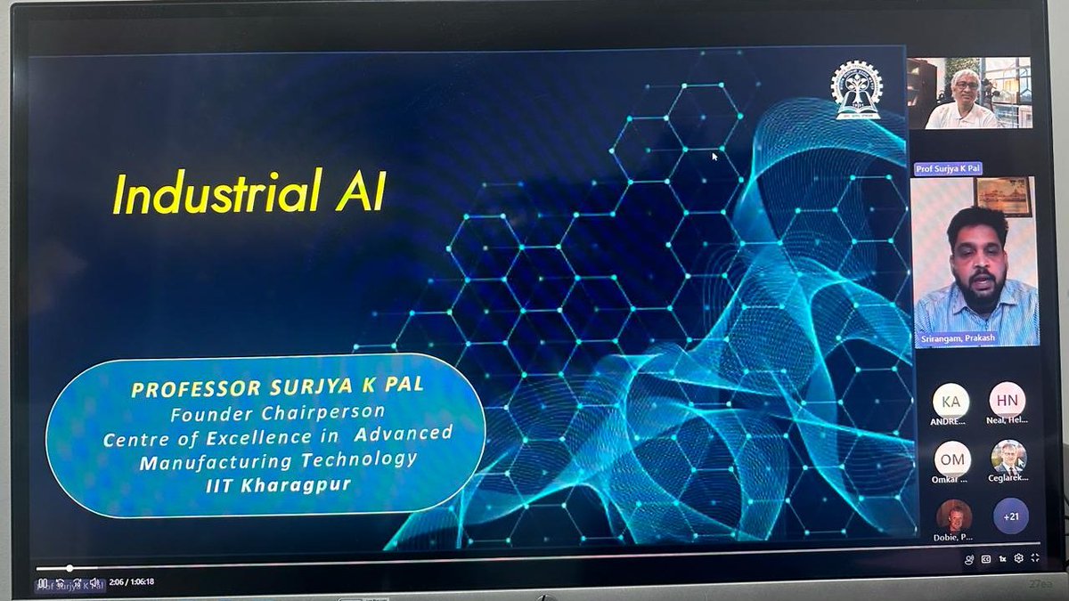 PROF SURJYA K PAL of Centre of Excellence in Advanced Manufacturing Technology, @iitkharagpur was recently invited by the Warwick Manufacturing Group (WMG) to deliver an online session on Industrial Artificial Intelligence before their researchers.