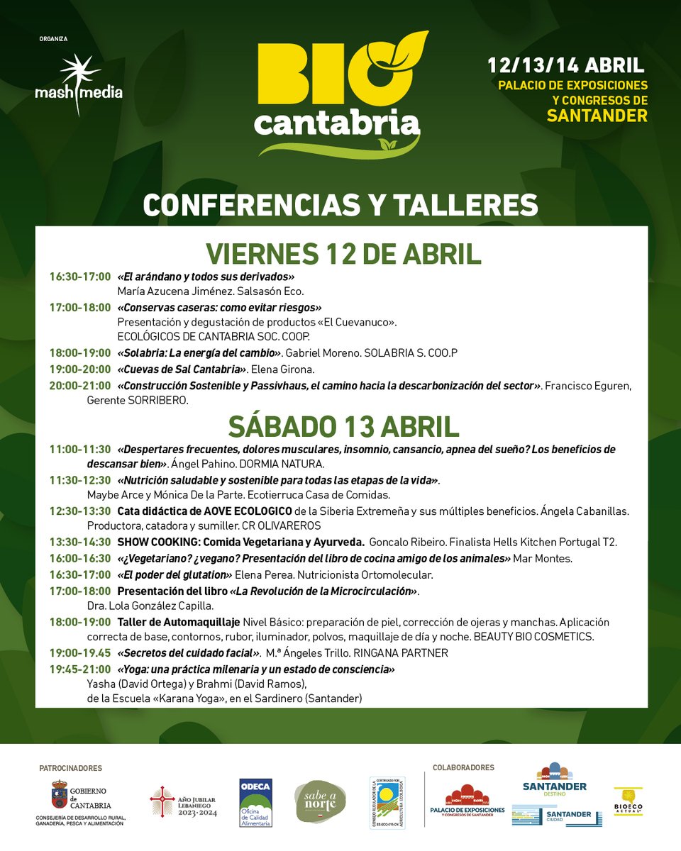 Este fin de semana, del viernes 12 al domingo 14/4/2024 @BioCantabria en el @PdeExposiciones de #Santander con conferencias, talleres y más de 75 expositores, con entrada gratuita
+info: biocantabria.com
🏷️#BioCantabria #Ecología #Feria #Bio #VidaSana #Bioconstrucción