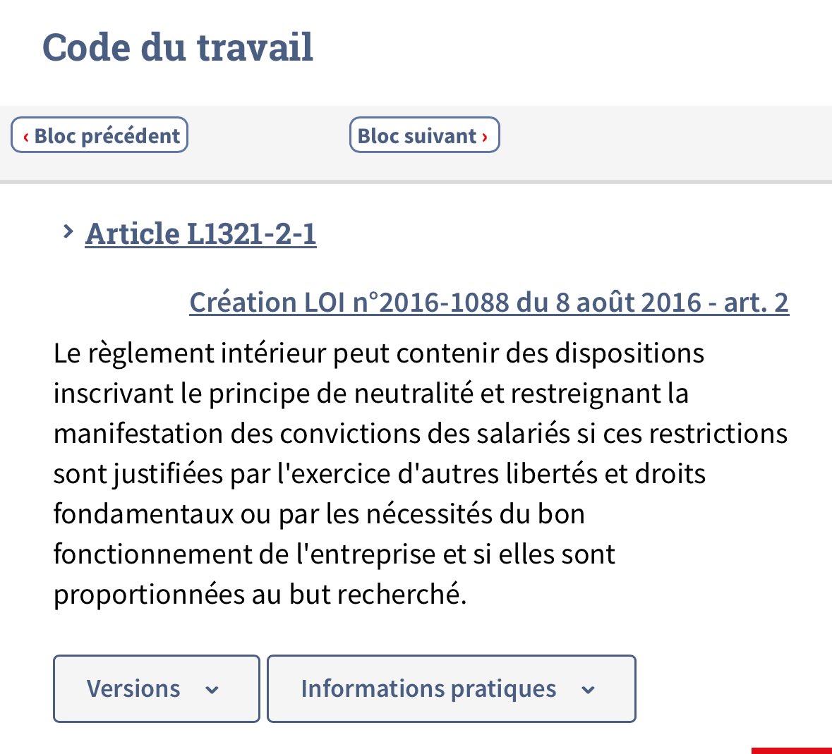 Rappel : le règlement intérieur d’une entreprise privée peut interdire à un salarié en contact avec la clientèle le port de tout signe manifestant des convictions personnelles (religieuses, politiques…). Article du code du travail créé par la gauche en 2016👇. #GeoxStrasbourg