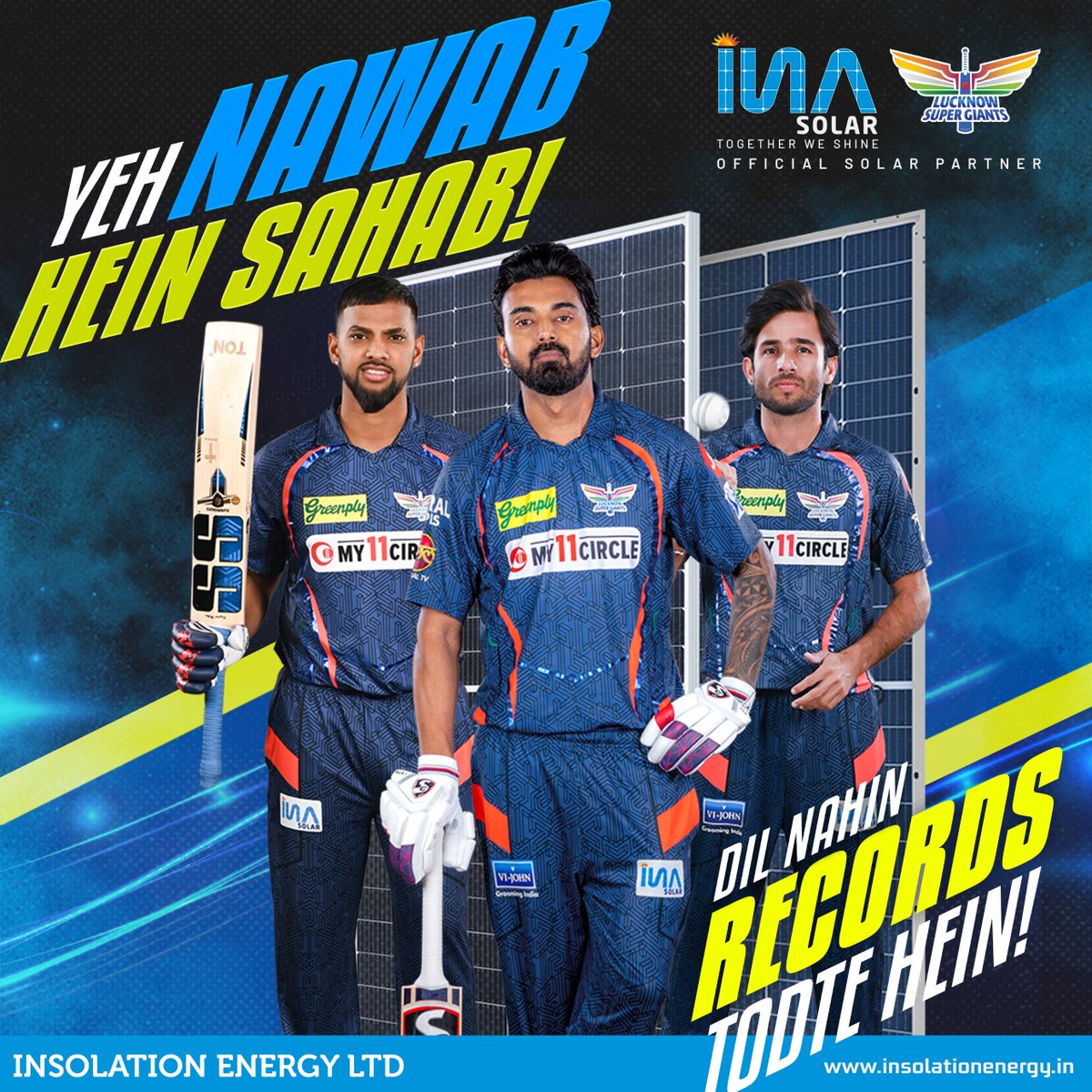 Time for the Nawaabs to score another victory! 
INA Solar wishes more power to the LSG Brigade for their match against DC today. 
'Aaj Dil Nahin Records Tootenge!'

#LucknowSuperGiants #INASolar #DelhiCapitals #bestsolarcompany #CleanIndiaGreenIndia #SolarSavings