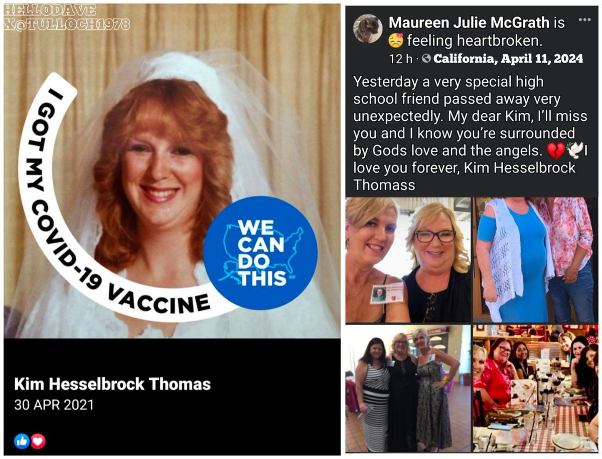 California, Kim Thomas.
'I Got My COVID-19 Vaccine' 

'Yesterday a very special high school friend passed away very unexpectedly. Love you forever, Kim Hesselbrock Thomass'

#diedsuddenly (April 2024)