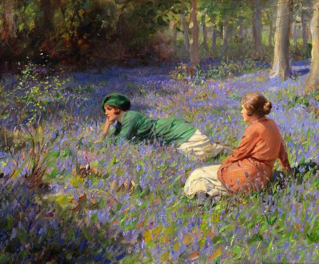 Good Day! In the Bluebell Wood by Rowland Wheelwright (1870-1955) Oil on Canvas (Private Collection)