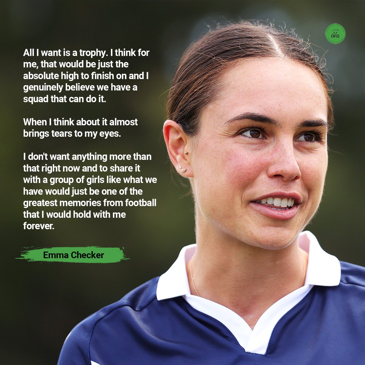 Professional Footballers Australia (@thepfa) on Twitter photo The goal is simple for <a href="/emmachecker/">Emma Checker</a>.
One last trophy before she calls time on her fantastic <a href="/aleaguewomen/">Ninja A-League</a> career. 🏆
Her quest to achieve this goal begins this Sunday when <a href="/gomvfc/">Melbourne Victory</a> take on Central Coast Mariners in an Elimination Final.
📰 Read the first part of our Q&A with The goal is simple for <a href="/emmachecker/">Emma Checker</a>.
One last trophy before she calls time on her fantastic <a href="/aleaguewomen/">Ninja A-League</a> career. 🏆
Her quest to achieve this goal begins this Sunday when <a href="/gomvfc/">Melbourne Victory</a> take on Central Coast Mariners in an Elimination Final.
📰 Read the first part of our Q&A with