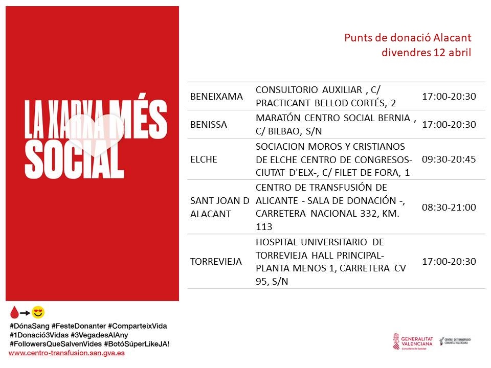 𝗣𝘂𝗻𝘁𝘀 𝗱𝗲 𝗱𝗼𝗻𝗮𝗰𝗶𝗼́ #Alacant 📅divendres #12abril Donar sang és un acte voluntari i altruista que ens beneficia a tots. 👉T'esperem si ja han transcorregut 2 mesos des de la teua última donació. #FesteDonanter #ComparteixVida ❤️