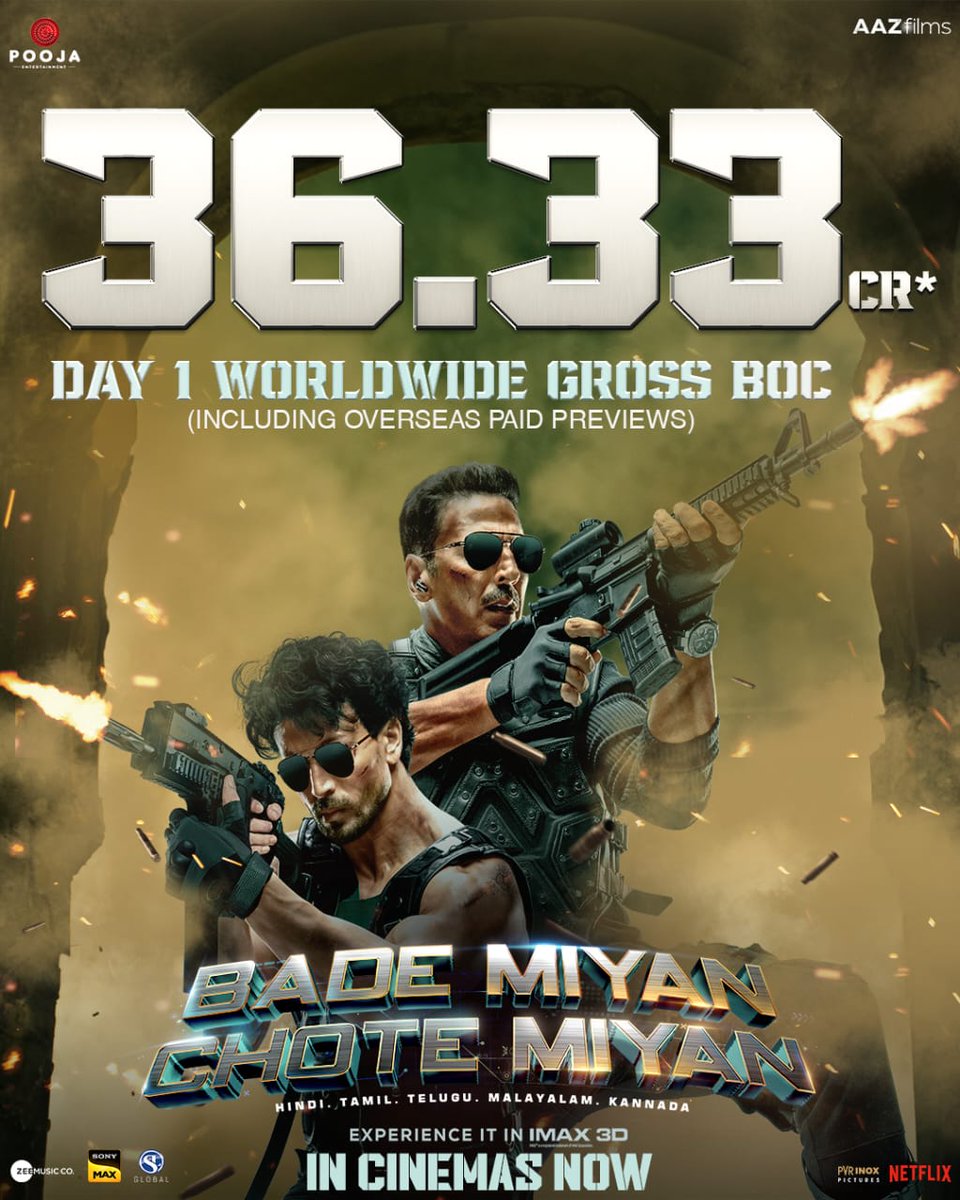 #BadeMiyanChoteMiyan conquering your hearts and the box office in true REAL ACTION style 🔥 Book your tickets now: linktr.ee/BadeMiyanChote… Experience it in 3D and IMAX IN CINEMAS near you! #BadeMiyanChoteMiyanInCinemasNow @akshaykumar @iTIGERSHROFF @PrithviOfficial…