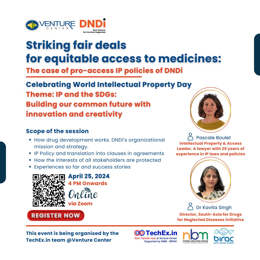 Join us to celebrate #WorldIPDay by attending online talk on 'Striking fair deals for equitable access to medicines: The case of pro-access IP policies of DNDi', April 25, 4 PM. Register: us02web.zoom.us/meeting/regist… #DrugDevelopment #Pune @BIRAC_2012 @DNDi @drskavita @PascaleBoulet
