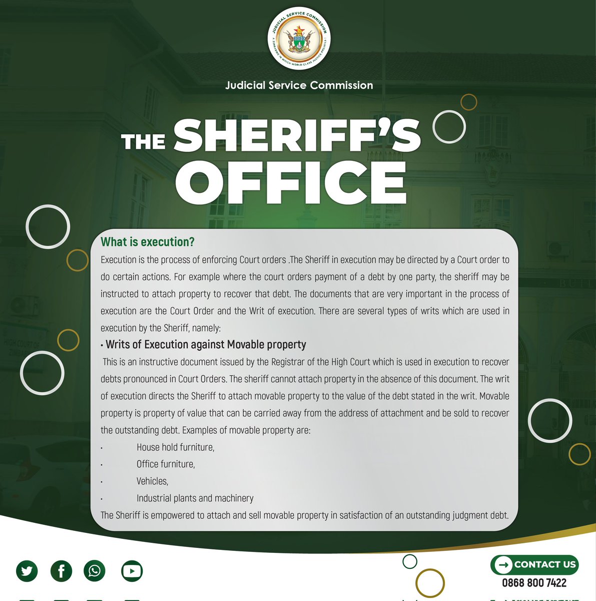 Know your departments. Today, we are looking at the Office of the Sheriff. Enjoy the read, and do not forget to like, share, and comment. @StarfmZimbabwe @abc_auctions @NPAZim @lawsocietyofzim @HeraldZimbabwe @DailyNewsZim @MoJLPA