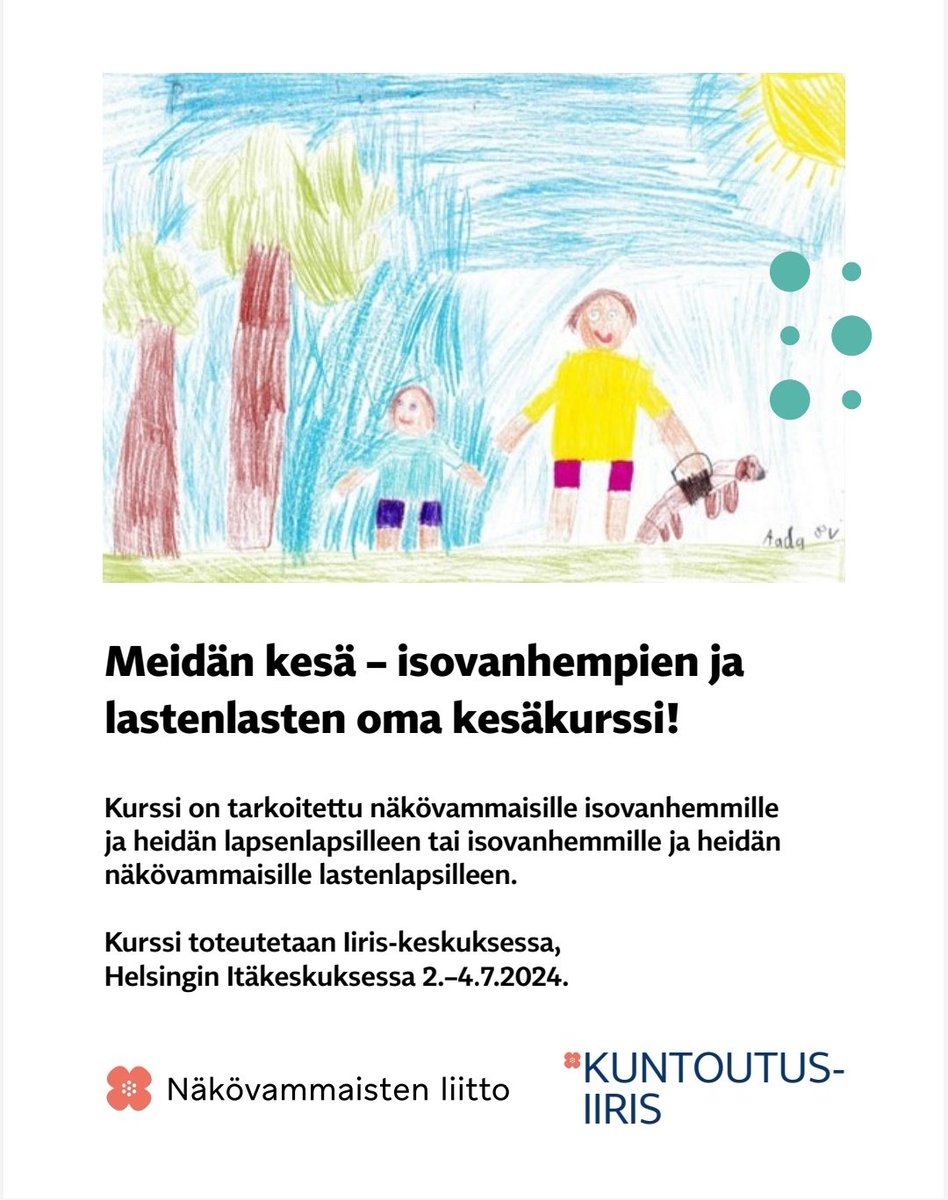 HeiniLiimatain's tweet photo. Onko kesäsuunnitelmat vielä valmiina? Tule kesäkurssille näkövammaisille lapsenlapsi-isovanhempi -pareille. Lisätietoja https://t.co/LFkDc2jhdB https://t.co/cous2j8DI2