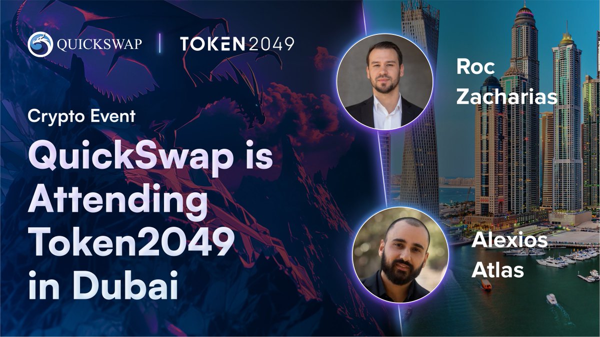 Dragons are swooping in with a fiery presence at @token2049 in Dubai next week 🇦🇪 QuickSwap core community members @CryptoRocky @AlexiAtlas will be onsite. Catch Roc speaking on the panel at the 'Sands of Satoshi' event, April 17 at 7:00 PM. See you soon 🫡